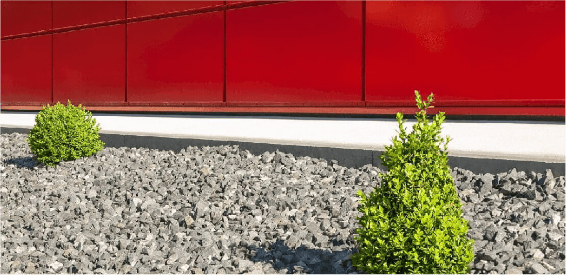 2 small shrubs on gravel in front of a red wall.