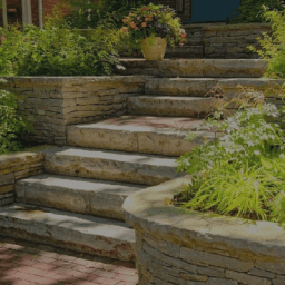 Stone steps lined with potted plants.