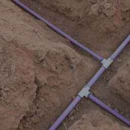 Purple pipes inlayed in dirt.