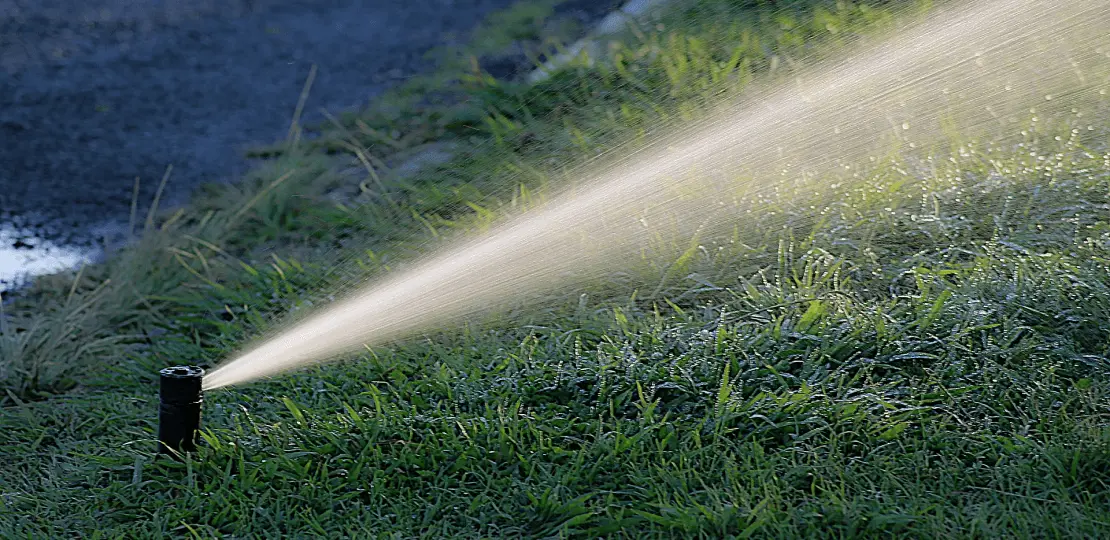 Close up of a sprinkler spraying water onto grass.
