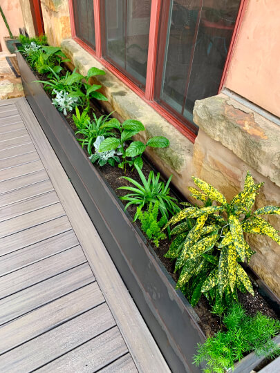 Light wooden planks next to a planter with small green plants in it.