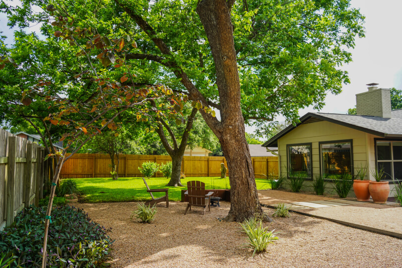 Backyard with a mix of gravel and grass and a few large trees. In the background, a house can be seen.