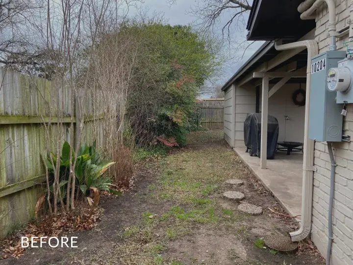 Backyard with sparse grass and bare plants with the word 'before' overlaid atop the photo.