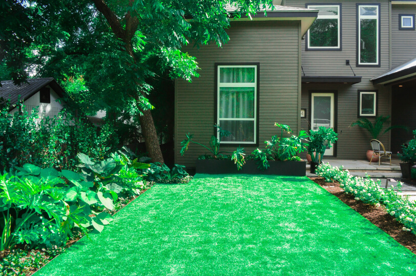 Close up of a patch of green grass in a front yard. You can see a brown house in the background.