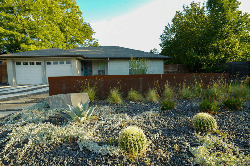 Side view of a flower bed in a yard with bushes and a cactus. There is a wooden fence and a house in the background.