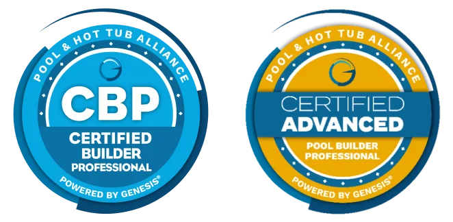 Two round logos from the pool, hot tub, and landscaping alliance: one for "cbp certified builder professional" and one for "certified advanced pool builder professional," both powered by Genesis.