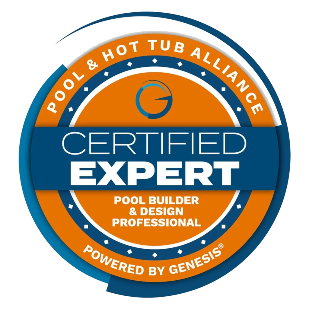 Cutters-Home 8 A circular badge labeled "Pool & Hot Tub Alliance Certified Expert, Pool Builder & Design Professional, Powered by Genesis," highlighting expertise in landscaping and aquatic design.