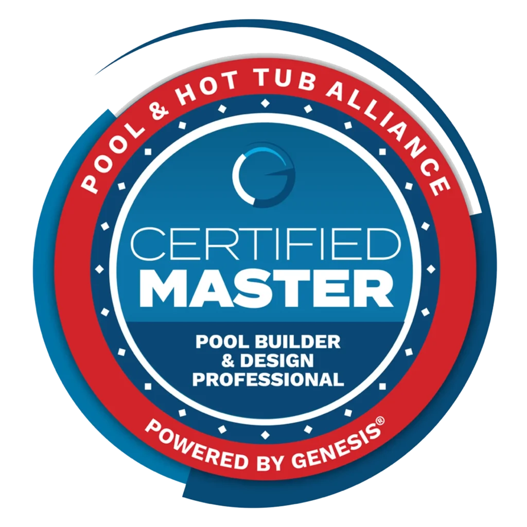 Cutters-Home 6 Blue and red badge reads "Pool & Hot Tub Alliance Certified Master Pool Builder & Design Professional Powered by Genesis" with a stylized "G" at the top, highlighting expertise in pool, spa, and landscaping design.